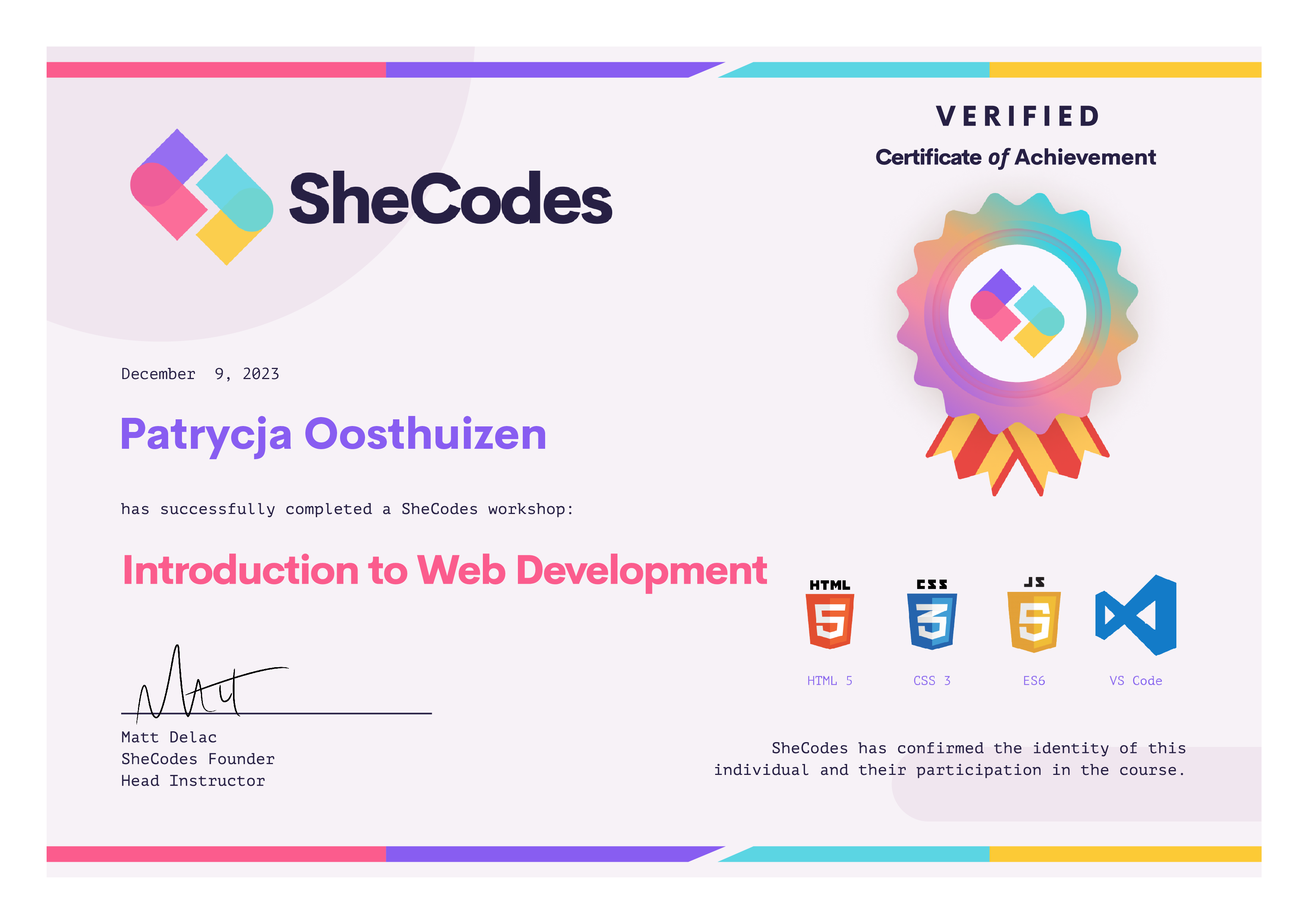 Patrycja's introduction to web development certificate